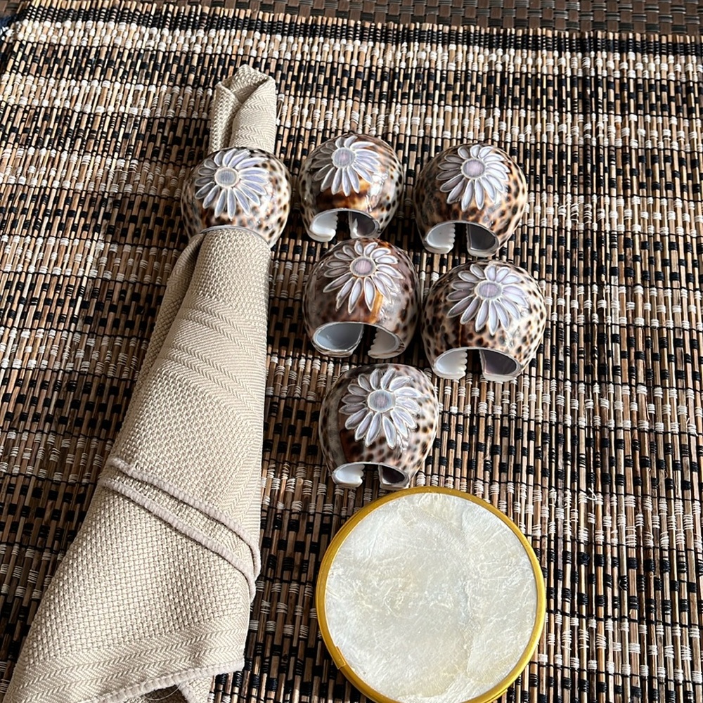 Vintage 1970’s Tiger Cowrie Shell and Vintage Capiz shell Coasters